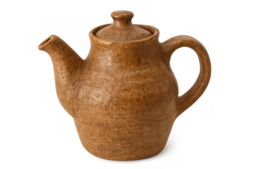 Rustic clay teapot with lid, spout, and handle, presenting a traditional handmade pottery vessel for tea service