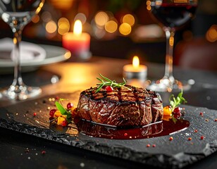 Gourmet steak dish with wine glasses and candlelight for fine dining