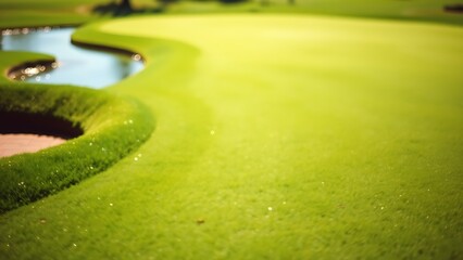 oligarchy. A golf course with manicured grass and water hazards under a sunny sky. event key visuals, club posters, designed for sports event promotions and stadium branding, drives event promotion.