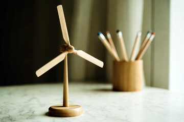 Wooden Wind Turbine Model on Desk Symbolizing Renewable Energy and Sustainability