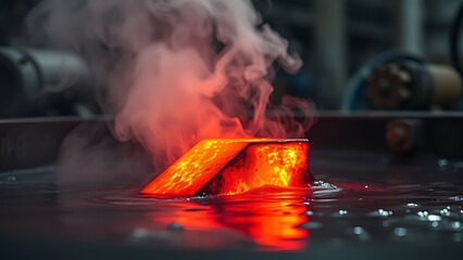 enthalpy. Red-hot steel being quenched in water, creating dramatic clouds of steam. safety posters, maintenance manuals, designed for industrial assembly lines and welding operations.