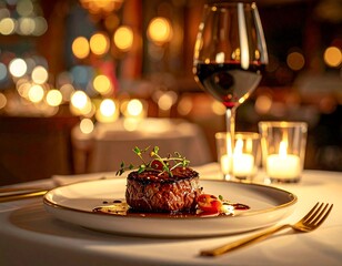 Gourmet steak dish with wine glass in fine dining restaurant setting