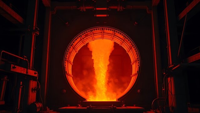 adios. Molten iron flowing from a steel furnace, glowing against dark industrial interior. safety posters, maintenance manuals, designed for precision metalworking and fabrication facilities.