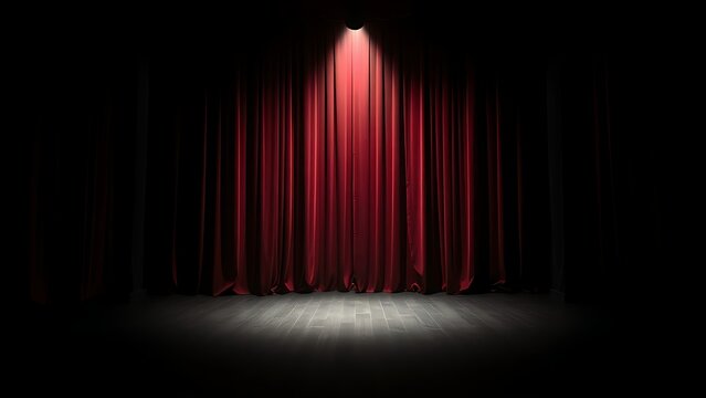 mortification. Theater curtain rises on an empty stage under a single dramatic spotlight. event programs, museum guides, designed for cultural heritage projects and event programs.