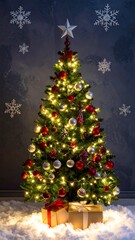 Illuminated Christmas tree adorned with ornaments and presents