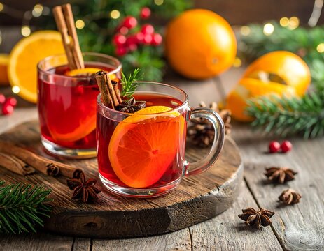 Cozy holiday drinks with citrus, spices, and festive decor - Powered by Adobe