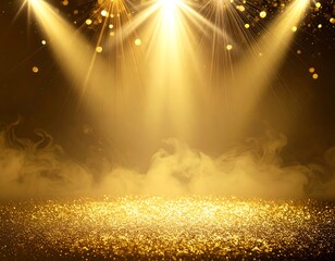 Illuminated golden stage with spotlights and glittered surface, a dreamlike atmosphere