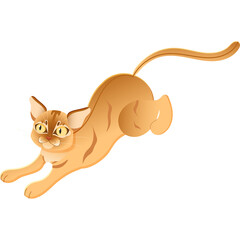 Ginger Cat Stretching Body in Playful Pose with Golden Eyes on Transparent Background Realistic Digital Illustration