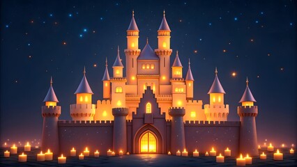 Fototapeta premium Magical fairytale castle illuminated by warm lights and stars at night