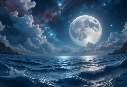 full moon over ocean with cosmic nebula clouds fantasy. dramatic colorful background