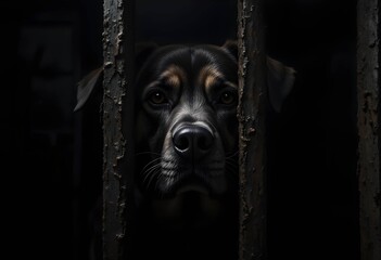 Sad Dog Portrait Staring Through Dark Rusted Cage Bars, Animal Shelter Rescue Concept. High Contrast