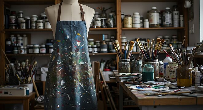 Artist studio with mannequin wearing paint splattered apron and shelves full of art supplies visible
