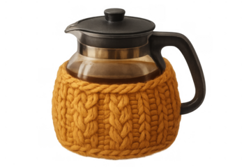 Teapot with knitted cozy holding hot beverage, keeping drink warm, isolated on transparent background for home comfort theme