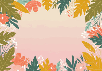 A vibrant floral frame featuring various leaves and flowers in shades of green, yellow, orange, and white, surrounding a soft pink gradient background.
