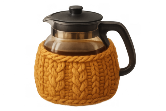 Teapot with knitted cozy holding hot beverage, keeping drink warm, isolated on transparent background for home comfort theme