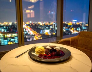 Gourmet dessert plate with chocolate cake and ice cream in a restaurant setting
