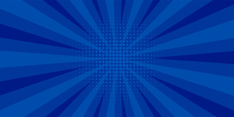 abstract comic rays background with dot halftone on blue