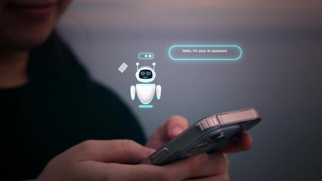 Close-up of hands holding a smartphone with a glowing holographic AI assistant chatbot providing virtual customer service and support.