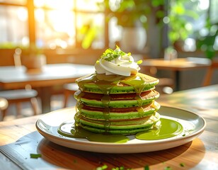 Stack of matcha pancakes with cream on a plate in a restaurant