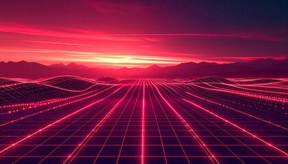 Digital landscape with glowing grid lines under a crimson sky