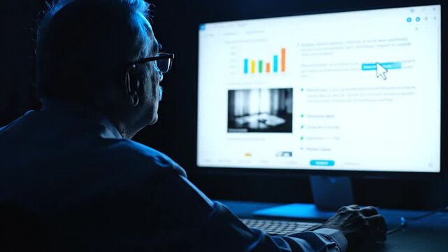 An older man intensely stares at computer screen