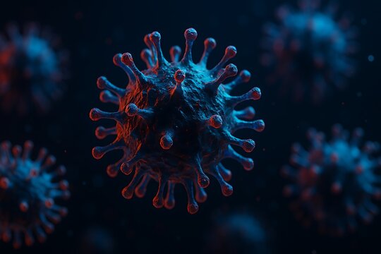 A digital rendering of multiple coronavirus cells with spikes, against a dark background.