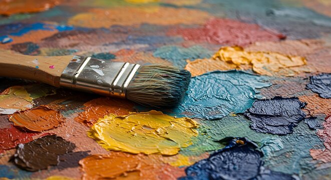 Close up of a paintbrush resting on a palette filled with various colors of oil paint textures and strokes