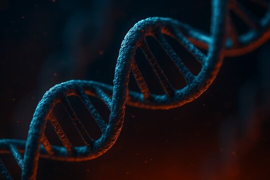 A close-up of a DNA double helix strand, rendered with a dark background and blue and orange lighting.