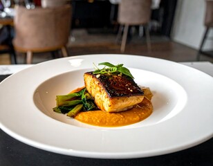 Gourmet dish of salmon and vegetables served on a white plate