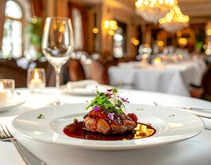 Gourmet dish on white plate in elegant restaurant setting with glassware