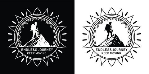 Obraz premium Silhouette of a hiker standing on a mountain peak with a sunburst and the text endless journey keep moving in a circular emblem