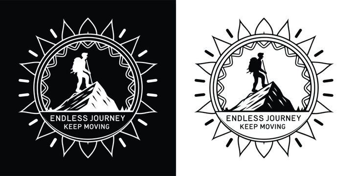 Silhouette of a hiker standing on a mountain peak with a sunburst and the text endless journey keep moving in a circular emblem