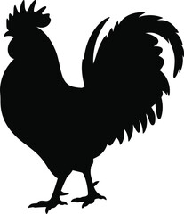 Silhouette of rooster in profile with comb, tail feathers, and claws for farm, symbol, logo, and illustration design use
