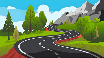 A winding mountain road under a blue sky through a verdant alpine landscape