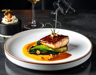 Gourmet meal on a white plate with vegetables and sauce for fine dining