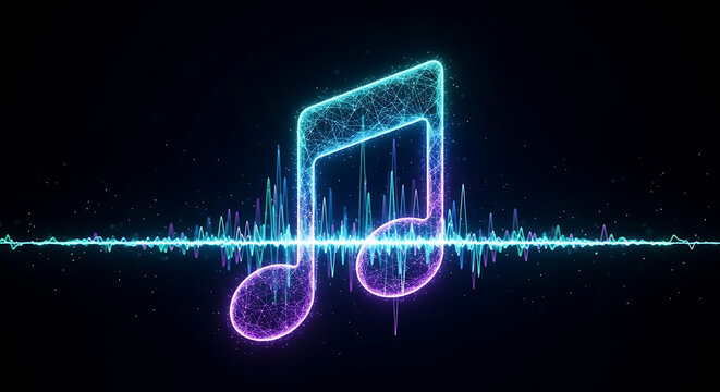 Neon musical note emblem glowing in cyan and magenta, set against a starry digital glow, background
