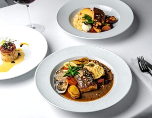 Gourmet plated dishes featuring savory cuisine in an elegant dining setting