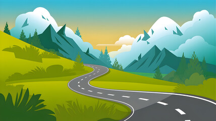 A winding mountain road under a blue sky through a verdant alpine landscape