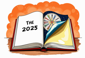 Illustrative Open Book with the Year '2025' and a Wheel of Time Blending into a Starry Night Sky Background Surrounded by Orange Clouds
