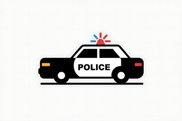 Naklejka premium Side View of a Black and White Police Car with Red and Blue Flashing Lights and the Word POLICE on a White Background