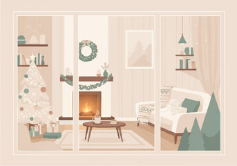 Interior scene of a cozy living room decorated for the Christmas holiday season, viewable through a window.