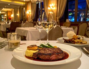 Gourmet meal with steak and wine glasses set on a white tablecloth