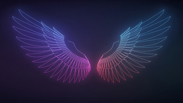 Abstract glowing digital wings with vibrant purple and blue neon light effects against a dark background - Powered by Adobe
