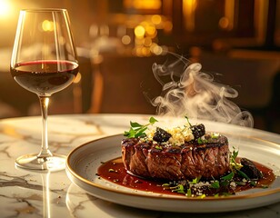 Gourmet steak and wine with steam in restaurant setting for culinary visuals