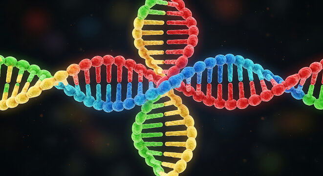 Bright rainbow DNA double helix spirals across a dark background, neon strands shimmer. with glow on - Powered by Adobe