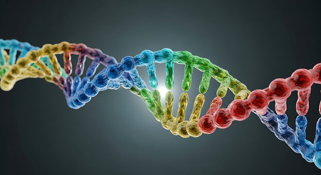Vivid rainbow DNA double helix twists in dark gradient background with illuminated strands vibrant! - Powered by Adobe