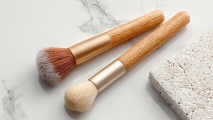 Two makeup brushes with light-brown wooden handles and gold-toned metal ferrule lie on a white marble surface.  A piece of natural stone is also visible