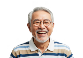 Smiling elderly asian man with glasses isolated on transparent background