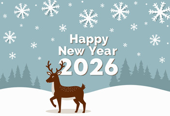 Obraz premium Festive Winter Scene with Deer and Snowflakes Celebrating Arrival of New Year 2026 in a Serene, Snowy Landscape with Pine Trees and Clear Sky