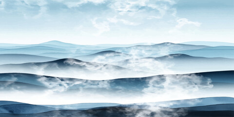 Abstract watercolor depiction of ocean waves in calming blue tones. rolling hills shrouded in fog, soft focus background, overcast sky creating a serene atmosphere.Beautiful seascape with waves.